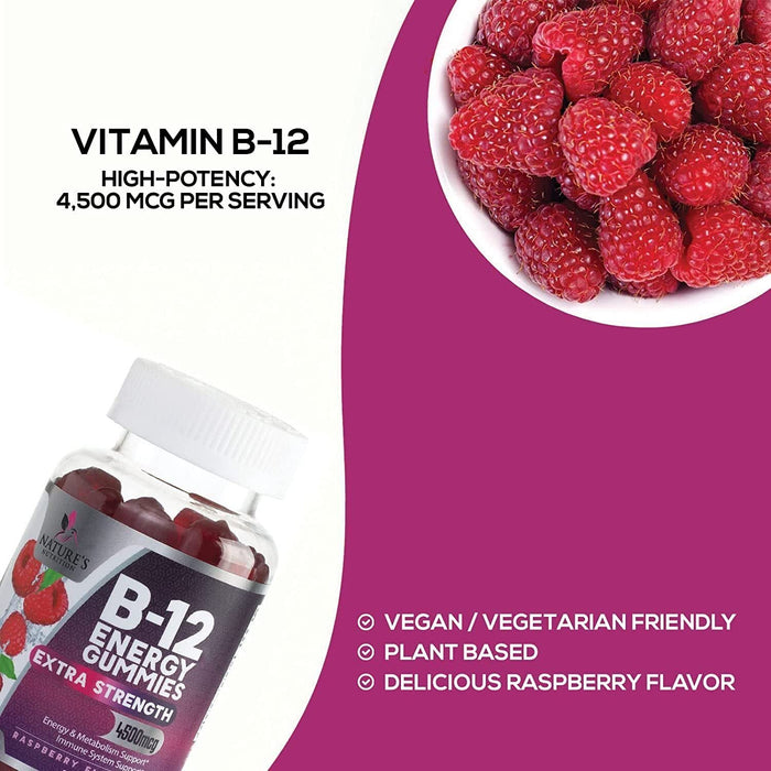 B-12 Vitamin Energy Gummies - 4500mcg Extra Strength B12 Gummy Chewables for Energy Metabolism & Immune Support - Dietary Supplement for Women, Men, & Kids - Non-GMO, Vegan, Berry Flavor - 120 Count