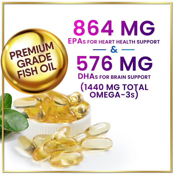 Omega 3 Fish Oil Supplements 2400mg - Triple Strength Omega 3 Fatty Acids, Natural Heart Health Brain & Joint Support - Fatty Acids with EPA & DHA - Wild Caught Fish Oil Supplement - 60 Softgels