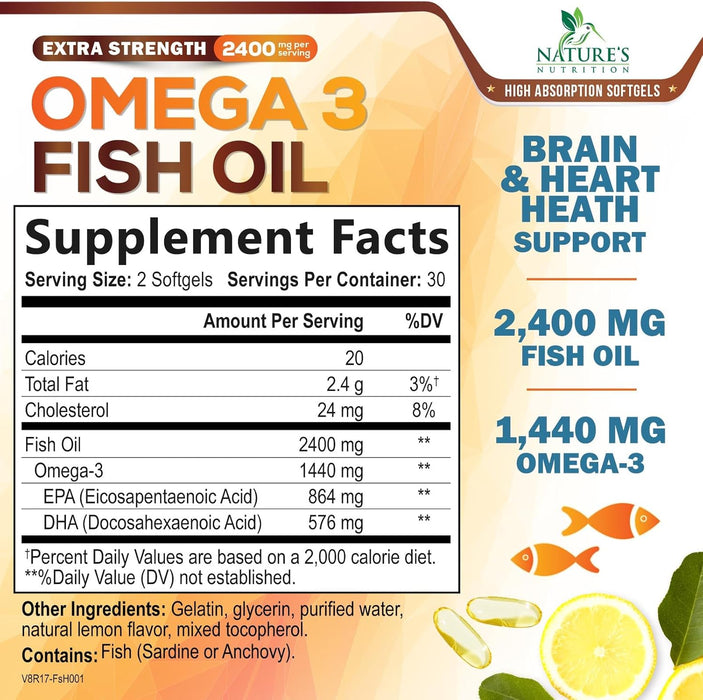 Omega 3 Fish Oil 2400 mg - Triple Strength EPA & DHA Fatty Acids for Heart, Brain & Joint Support Wild-Caught, Burpless, Lemon Flavor Supplement Natural, Non-GMO, Gluten-Free - 60 Softgels