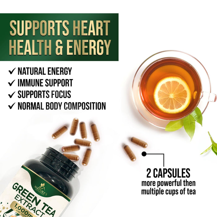 Green Tea Extract Capsules 1000 mg - Standardized 45% EGCG & 98% Polyphenols - 3X Strength Green Tea Pills for Natural Energy - Supports Heart Health, Herbal Supplement, Vegan, Non-GMO - 60 Capsules
