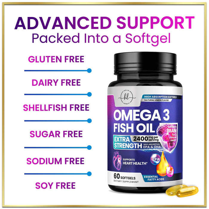 Omega 3 Fish Oil Supplements 2400mg - Triple Strength Omega 3 Fatty Acids, Natural Heart Health Brain & Joint Support - Fatty Acids with EPA & DHA - Wild Caught Fish Oil Supplement - 60 Softgels