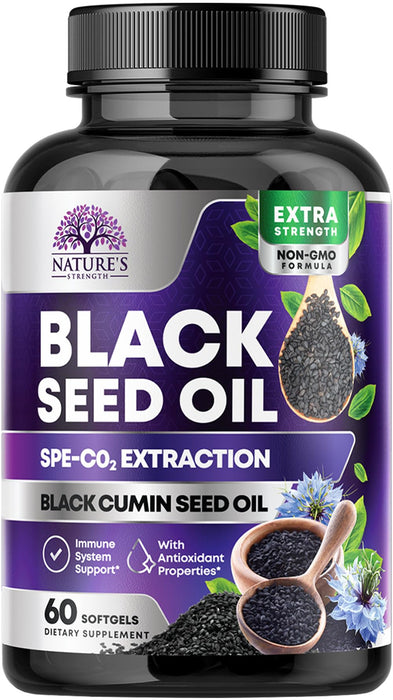 Black Seed Oil Capsules 1000mg with Thymoquinone - Pure Nigella Sativa for Skin Health & Immune Support, 100% Blackseed Oil, Amazing Extraction Above Cold Pressed Black Cumin Seed - 60 Softgels