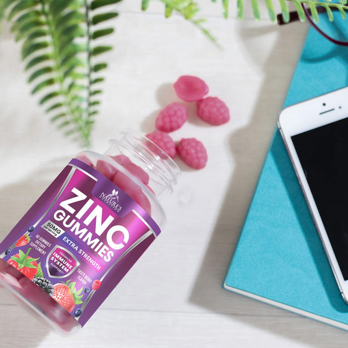 Zinc Gummies 50mg - Bone Skin & Immune Support Health Gummy & Premium Antioxidant Chewable for Adults - High Absorption Vegan, Gluten Free Zinc Supplements Vitamin - Tasty Berry Flavor - 60 Gummies