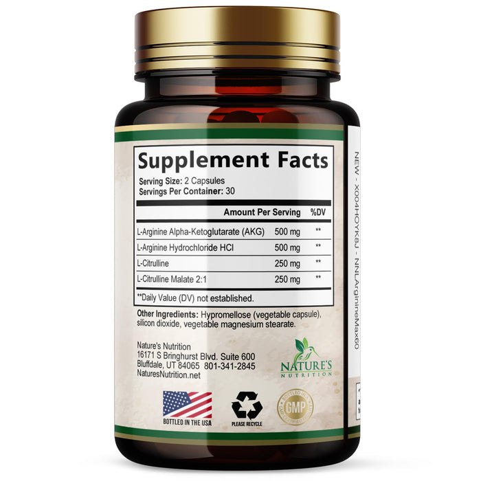 Nitric Oxide Formula with L-Arginine + Citrulline – 1000mg – 60 Capsules