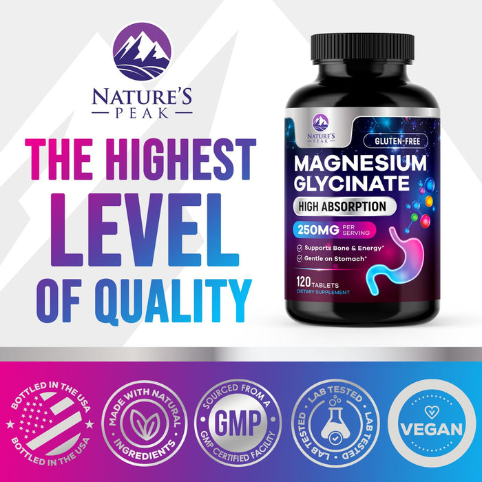 Magnesium Glycinate Chelated for Max Absorption - Supports Bone, Muscle, Nerves & Heart Health, Nature's Sleep and Stress Support, Best Magnesium Supplement Pills for Whole Body Support - 120 Tablets