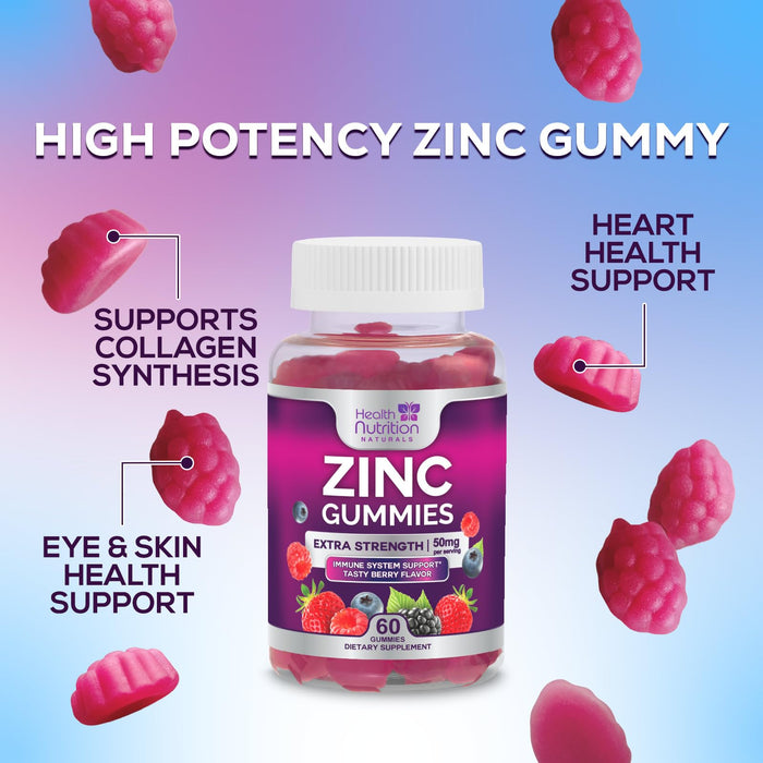 Zinc Supplement 50mg Gummies for Adults - Max Strength Skin Health & Immune Support Gummy, Vegan, Non-GMO & Gluten Free, Nature’s Antioxidant & Bone Health Chewable Tasty Berry Flavor - 60 Gummies