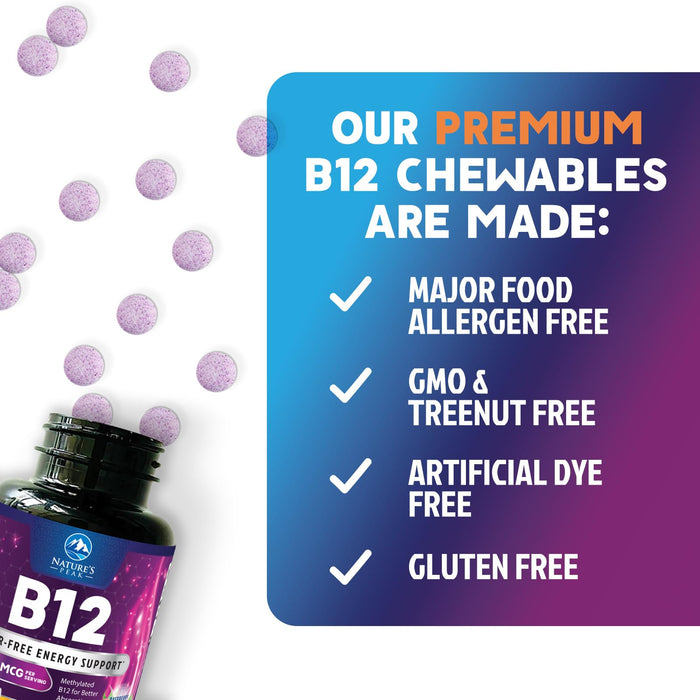 Vitamin B12 1000 mcg (Methylcobalamin) Super B 12 Complex Dietary Supplement for Energy & Immune Support, Vegan, Sugar-Free, Sublingual, Tasty Raspberry Flavor - 120 Chewable Tablets, 120 Day Supply