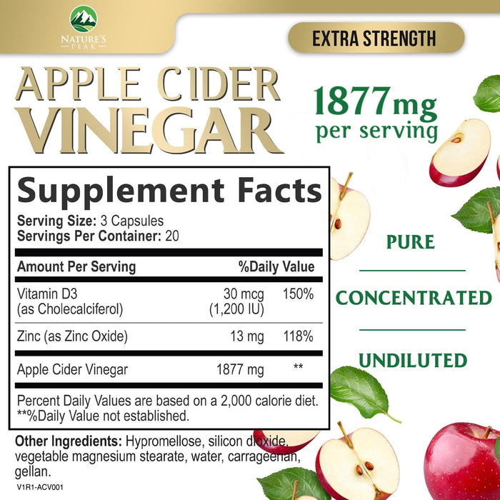 Apple Cider Vinegar Capsules ACV Supplements 1877mg, Vitamin D3, Zinc & Best ACV Supplement Pills Supporting Gut Health for Better Digestion, Immune System Support, Non-GMO & Gluten Free, 60 Capsules