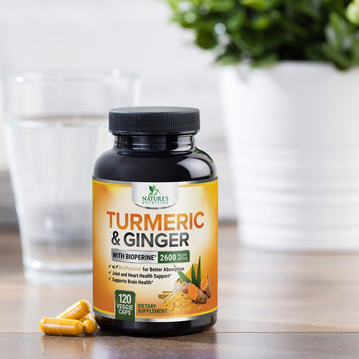 Turmeric Curcumin Supplement 2600mg with Organic Ginger & Turmeric, BioPerine Black Pepper Extract 95% Curcuminoids - Advanced Absorption Joint & Antioxidant Extra Strength Support - 120 Capsules