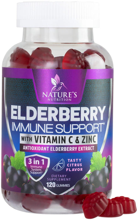 Immune Support Gummies - Sambucus Elderberry Gummy with Elder Berry Extract, Zinc & Vitamin C, Natural Vegan Immune Support Supplement for Adults & Children, Gummy Elderberry Vitamins - 120 Gummies