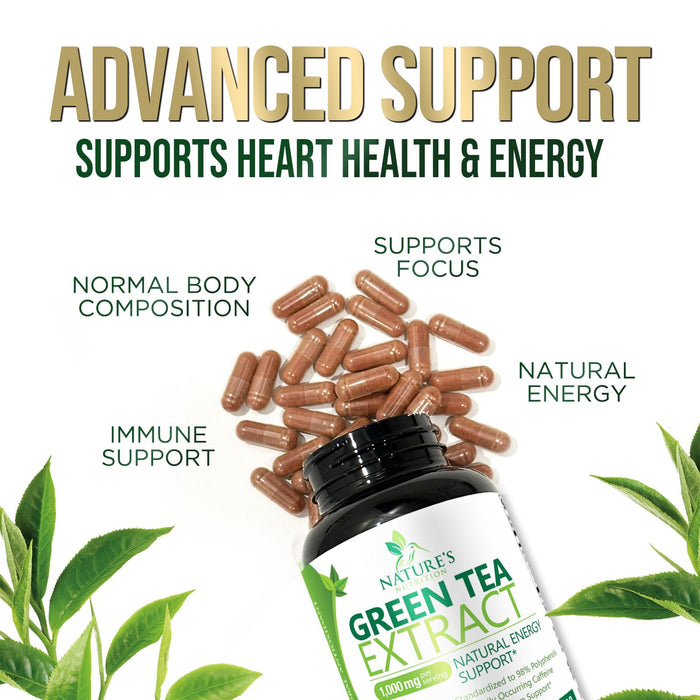Green Tea Extract Capsules 1000mg 98% Standardized EGCG - 3X Strength for Natural Energy - Heart Support with Polyphenols - Gentle Caffeine - 120 Capsules