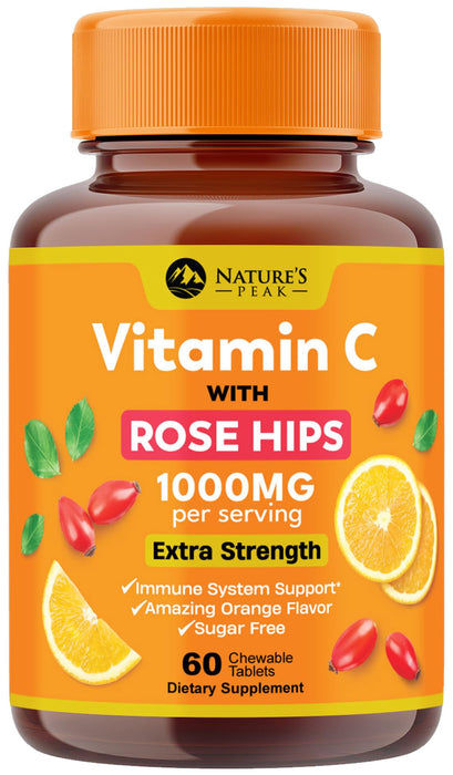 Vitamin C 1000mg Chewable Supplement - Extra Strength Immune Support Vitamin C Dietary Supplement with Rose HIPS, Nature's VitaminC Antioxidant Support, Natural, Vegan, Orange Flavor - 60 Tablets