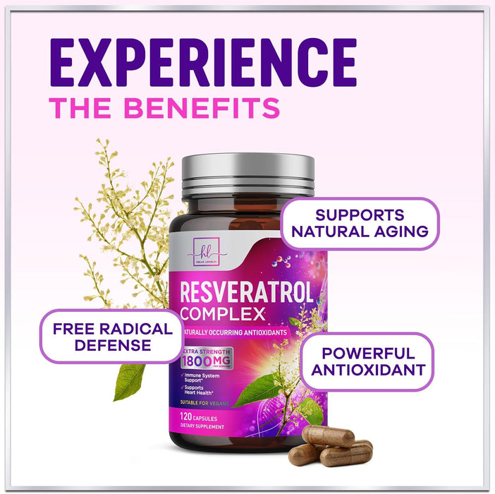 Resveratrol Supplement 1800mg - Extra Strength Antioxidant Complex for Healthy Aging & Immune Support, Heart Health & Cellular Energy Support, Bioavailable Trans-Resveratrol - 120 Vegan Capsules