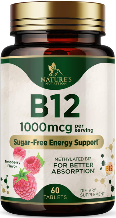 Vitamin B12 (Methylcobalamin) 1000 mcg - Chewable Tablet for Energy, Nervous System & Brain Support - Maximum Strength, Fast Dissolve, Vegan, Gluten-Free, Non-GMO for Women & Men - 60 Tablets