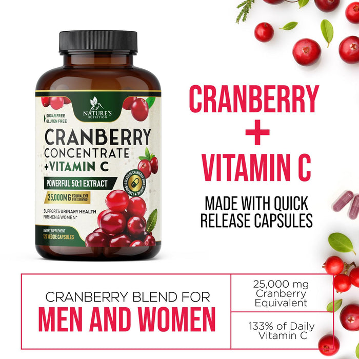 Cranberry Pills for Women - 500 mg Natural Urinary Tract Health Support - Concentrated Formula from Whole Fruit Cranberry & Vitamin C - Sugar Free, Gluten Free, Non-GMO Supplement - 120 Capsules