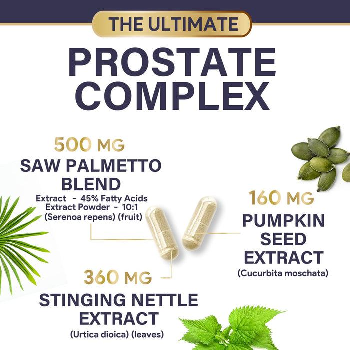 Prostate Health Supplements for Men - Support Complex 3X Formula with Saw Palmetto Blend Stinging Nettle Root & Pumpkin Seed Extract - Supports Bathroom Trips Prostate & Urinary Health - 60 Capsules