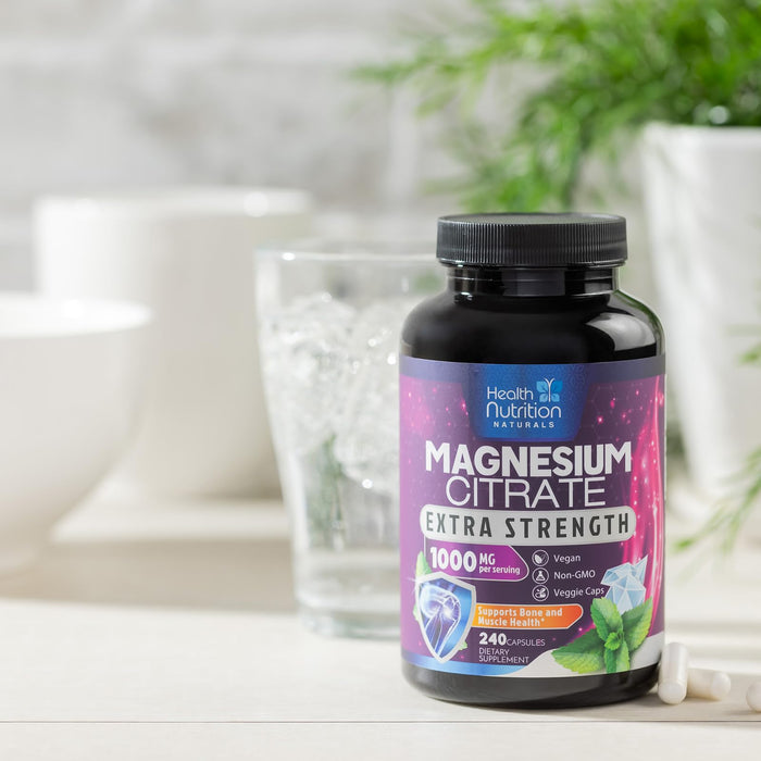 Magnesium Citrate Capsules 1000mg - Max Absorption Magnesium Powder for Muscle, Nerve, Bone and Heart Health Support, High Absorption Citrate Complex, Gluten Free, Non-GMO - 240 Capsules
