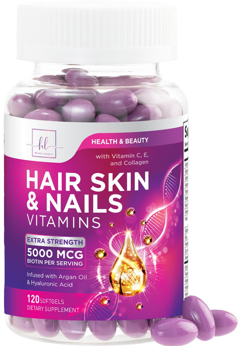 Hair, Skin & Nails Vitamins for Women - Biotin 5000mcg to Support Hair Growth with Argan Oil, Collagen & Hyaluronic Acid, Beautiful, Stronger Skin, Hair & Nails Vitamin Supplement - 120 Softgels