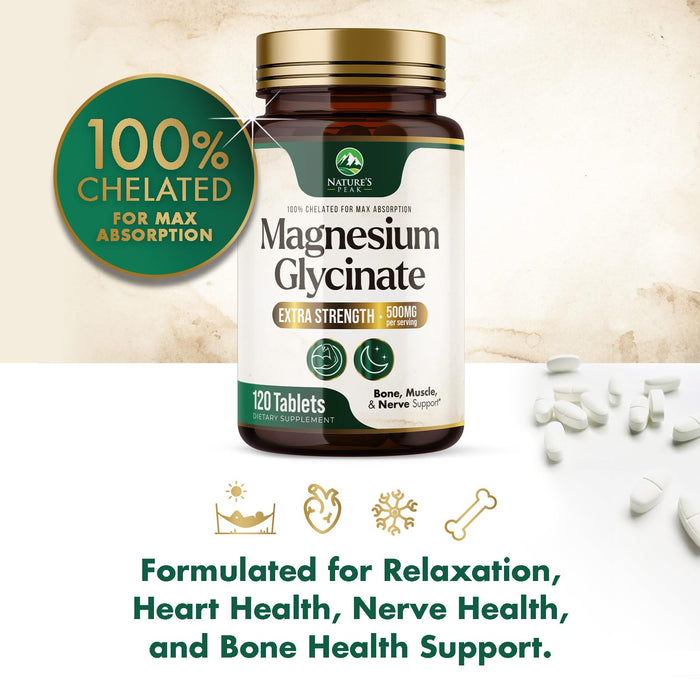 Magnesium Glycinate 500mg - Chelated for Ultra Absorption - Supports Bone, Muscle, Nerves & Heart Health, Nature's Sleep Support, Best Magnesium Supplement Pills for Whole Body Support - 120 Tablets