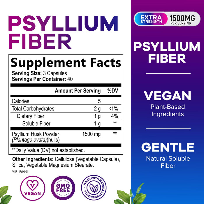 Psyllium Husk Fiber Supplement 1500mg - Vegan Prebiotic, Soluble Fiber for Daily Digestive Health & Regularity Support, Natural Psyllium Powder Caps, Sugar-Free, Non-GMO & Gluten-Free - 120 Capsules