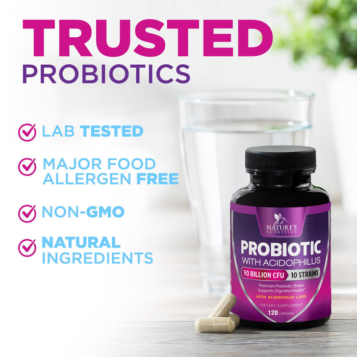 Probiotics 50 Billion CFU per Serving - 10 Strains + Prebiotics - Digestive Health, Gut & Immune Support - Supports Occasional Constipation, Gas & Bloating for Women & Men Shelf Stable - 120 Capsules