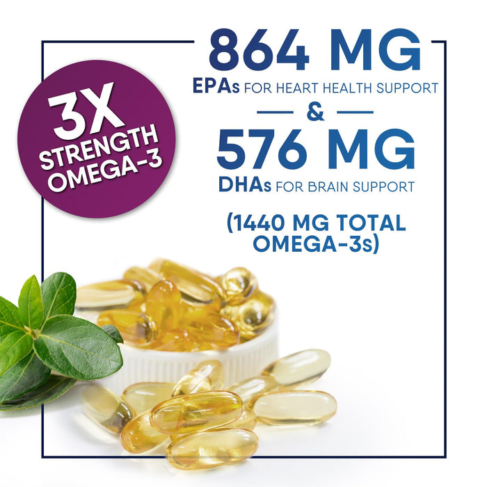 Omega 3 Fish Oil 2400 mg - Triple Strength Omega3, EPA & DHA Fatty Acids Supplement - Natural Support for Immune, Heart & Brain Health - Wild Caught, Non-GMO, Lemon Flavor, Burpless - 180 Softgels