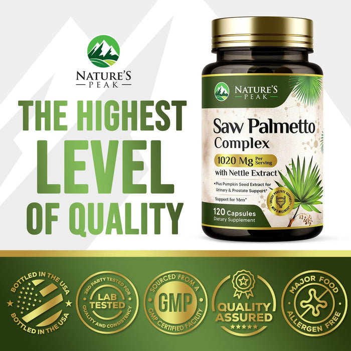 Saw Palmetto for Men Prostate Supplement - Potent 3X Formula with Stinging Nettle + Pumpkin Seed Extract for Men's Health, Herbal Prostate Supplement for Urinary Support, Bottled in USA, 120 Capsules