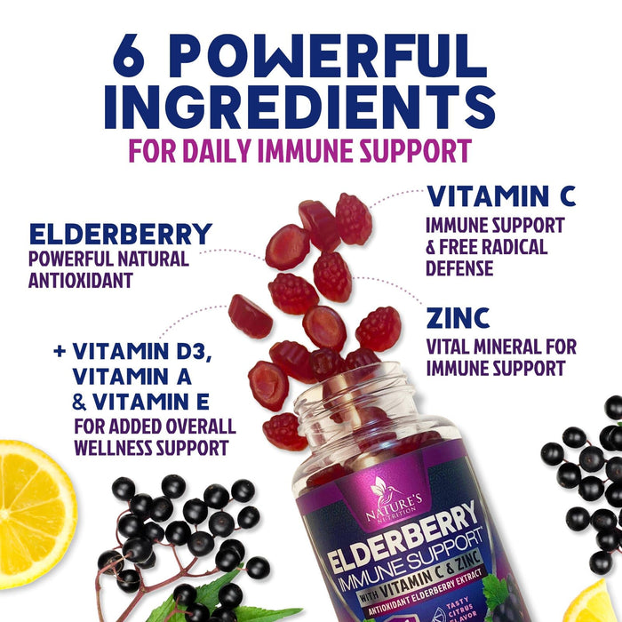Immune Support Gummies - Sambucus Elderberry Gummy with Elder Berry Extract, Zinc & Vitamin C, Natural Vegan Immune Support Supplement for Adults & Children, Gummy Elderberry Vitamins - 60 Gummies