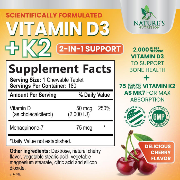 Vitamin D3 K2 2000 IU + with K2 (MK-7) 75 mcg – 180 Tablets