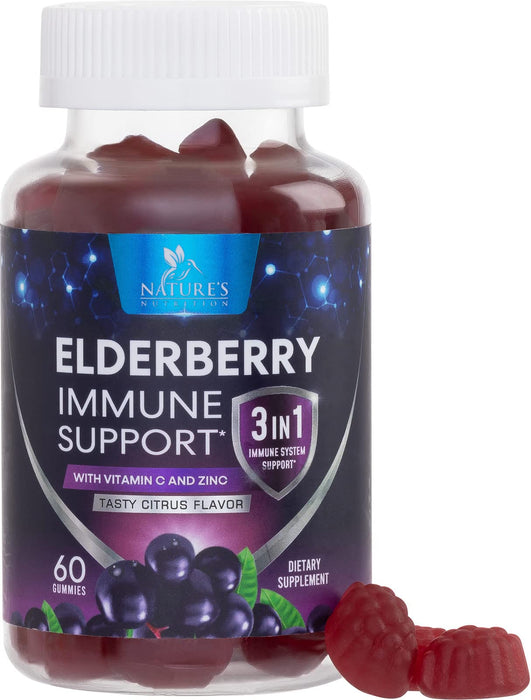 Sambucus Elderberry Immune Support Gummies for Kids & Adults, Elderberry Extract Gummy with Vitamins with Vitamin C, D3, Zinc, Immune Health Support Gummy Supplement, Black Elder Berry - 60 Gummies