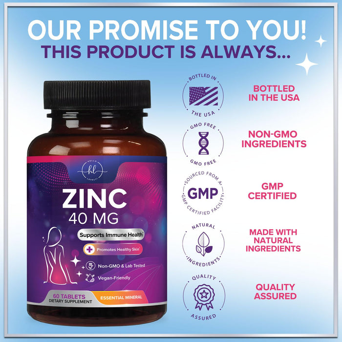 Zinc Supplements for Women and Men - 40mg Supplement for Immune Support, Skin Health Support, & Antioxidant Supplement for Adults, High Potency Zinc Gluconate 40 mg, Non-GMO - 60 Tablets