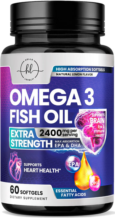 Omega 3 Fish Oil Supplements 2400mg - Triple Strength Omega 3 Fatty Acids, Natural Heart Health Brain & Joint Support - Fatty Acids with EPA & DHA - Wild Caught Fish Oil Supplement - 60 Softgels