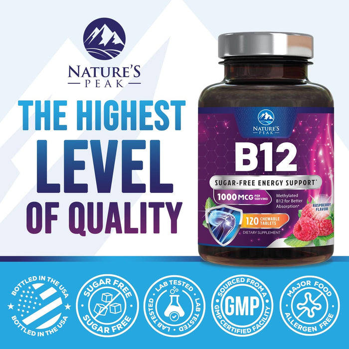 Vitamin B12 1000 mcg (Methylcobalamin) Super B 12 Complex Dietary Supplement for Energy & Immune Support, Vegan, Sugar-Free, Sublingual, Tasty Raspberry Flavor - 120 Chewable Tablets, 120 Day Supply