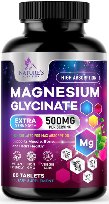 Magnesium Glycinate 500mg - Chelated for Ultra Absorption - Supports Bone, Muscle, Nerves & Heart Health, Nature's Sleep Support, Best Magnesium Supplement Pills for Whole Body Support - 60 Tablets