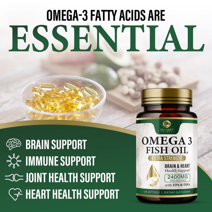 Omega 3 Fish Oil Pills 2400mg - Triple Strength Omega 3 Fish Oil Supplements - Best EPA & DHA Fatty Acids for Brain & Heart Health Support, Nature's Omega3 Supplement, 60 Day Supply - 120 Softgels
