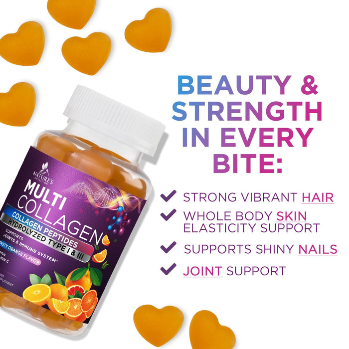 Collagen Gummies for Women with Vitamin C, Zinc & Biotin - Hydrolyzed Protein Type 1 & 3 Multi Collagen Peptides Supplement - Support for Hair, Skin, Nails & Joints, Gluten Free Complex - 60 Gummies