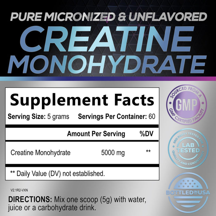 Creatine Powder 5000mg (5g) - Pure Micronized Creatine Monohydrate Supplement Unflavored, Keto Friendly - Creatine Nutritional Supports Muscle Growth & Strength, Vegan, Gluten-Free - 60 Servings