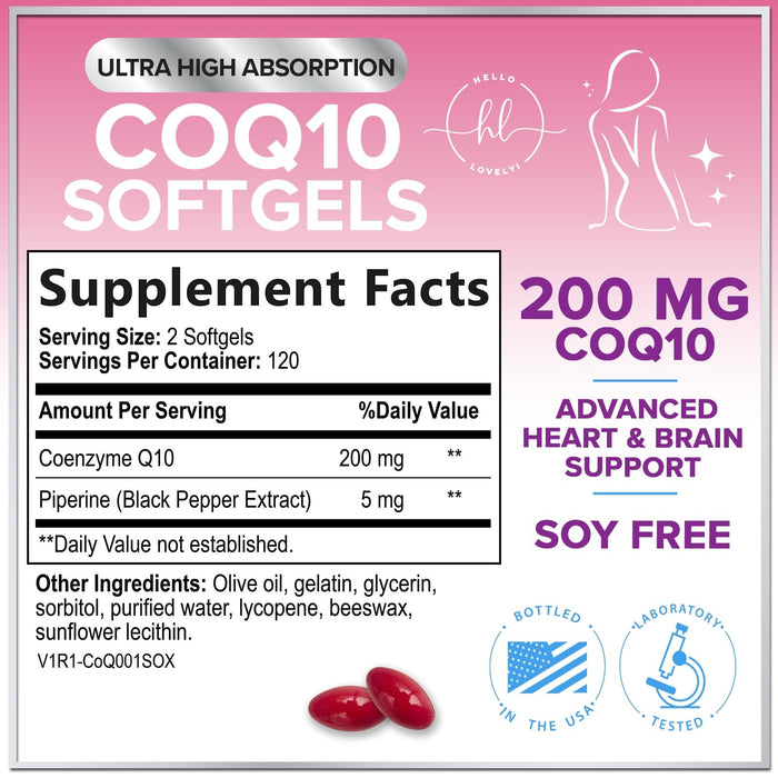 CoQ10 200mg Softgels - Ultra High Absorption, Antioxidant for Heart Health & Energy Production Support - Coenzyme Q10 (Ubiquinone) Co Q 10 Supplement and Vitamins 100mg Each - Non GMO - 240 Softgels