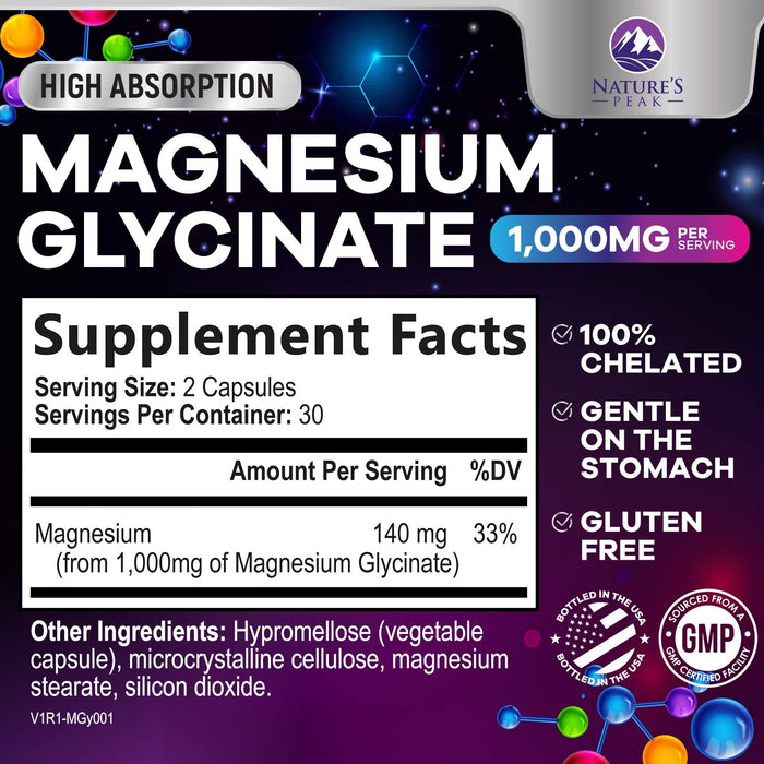 Magnesium Glycinate Supplement Pure 1000 mg Chelated for Max Absorption - Supports Bone, Muscle, Nerve & Heart Health, Sleep Support - Best Magnesium Pills for Whole Body Support - 60 Capsules
