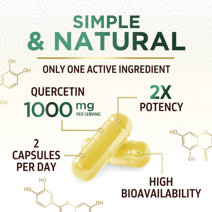 Quercetin 1000mg Per Serving – Extra Strength Quercetin Dihydrate Capsules from Sophora Japonica – Plant-Based Bioflavonoids for Cellular & Immune Support – Non-GMO, Vegan - 60 Veggie Capsules