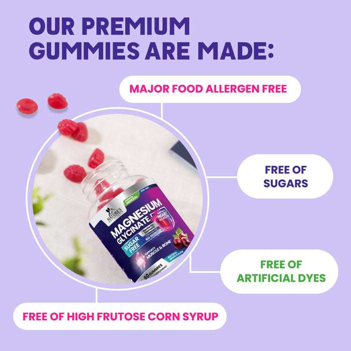 Magnesium Glycinate Supplement Gummies - Magnesium Supplement with Bone Muscle Heart Health & Sleep Support - Gentle on Stomach & Chelated for Max Absorption - Grape Flavor & Sugar Free - 60 Gummies