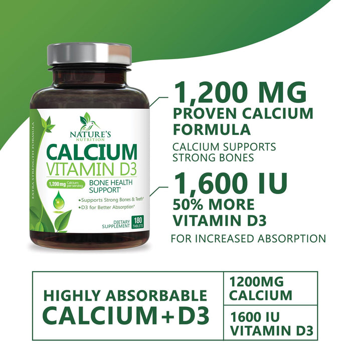 Calcium Supplement with Vitamin D - 1200 mg Calcium Carbonate with 1600 IU of D3 Vitamins - Supports Bone Strength, Teeth & Immune System - Natural & Easily Absorbable for Women & Men - 180 Tablets