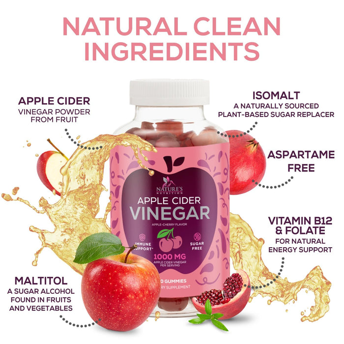 Vegan Apple Cider Vinegar Gummy 1000mg - Sugar Free ACV Gummies Vitamins Supplement with Vitamin B12 for Energy - Supports Digestion, Detox and Cleanse - Gelatin-Free, Non-GMO - 60 Gummies