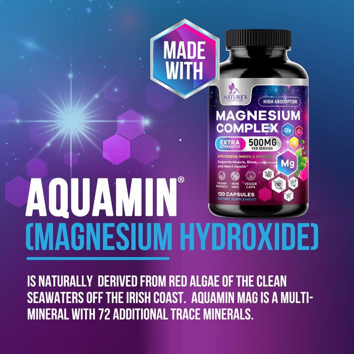 Magnesium Complex Supplement 500 mg - 5 in 1 High Absorption Chelated Magnesium Glycinate, Malate, Citrate, Oxide, Aquamin - Non-GMO Magnesio Capsules, Bone Muscle & Heart Health Support, 120 Capsules