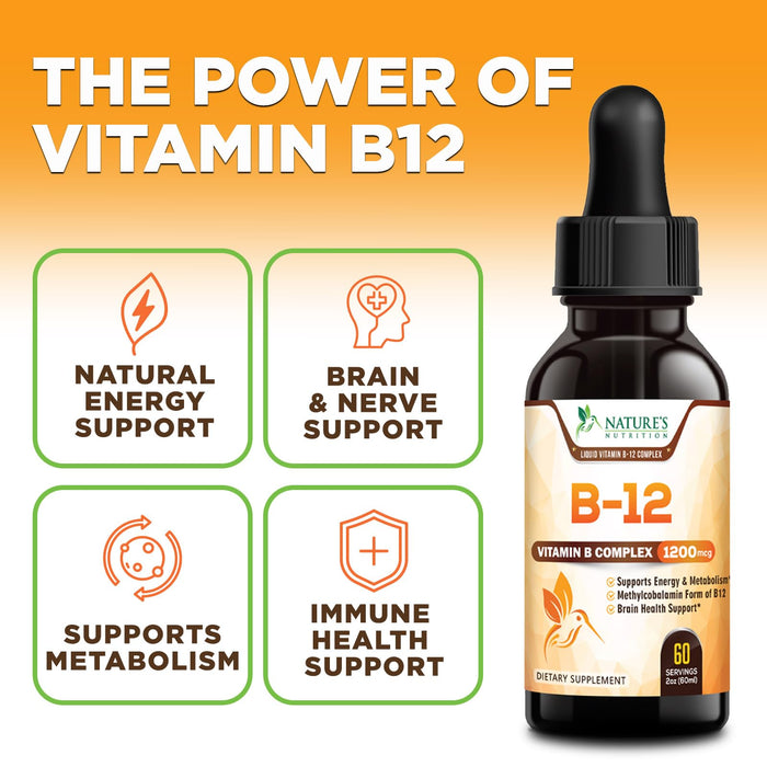 Vegan B-12 Vitamin Supplement Drops (Methylcobalamin) Extra Strength Super B Complex - Sublingual B12 Liquid for Immune Support, Heart Health & Cellular Energy Support, Raspberry Flavored - 2 Fl Oz