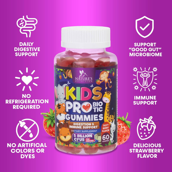 Probiotics for Kids Digestive Health - 5 Billion CFU - Natural Immune Support Supplement - Daily Children's Probiotic Gummy for Ages 4+ Vegan, Gluten, Soy & Dairy Free - Berry Flavored - 60 Gummies