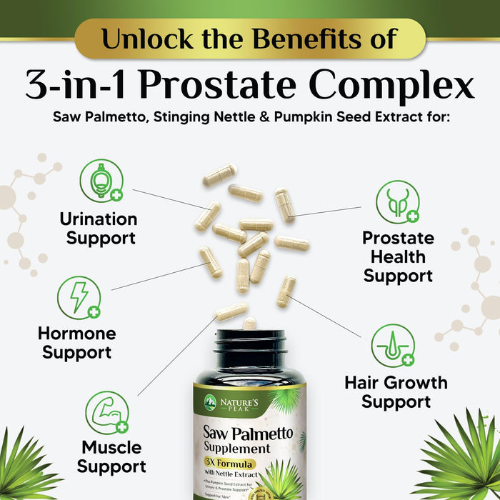 Saw Palmetto for Men Prostate Supplement - Potent 3X Formula with Stinging Nettle + Pumpkin Seed Extract for Men's Health, Herbal Prostate Supplement for Urinary Support, Bottled in USA, 120 Capsules