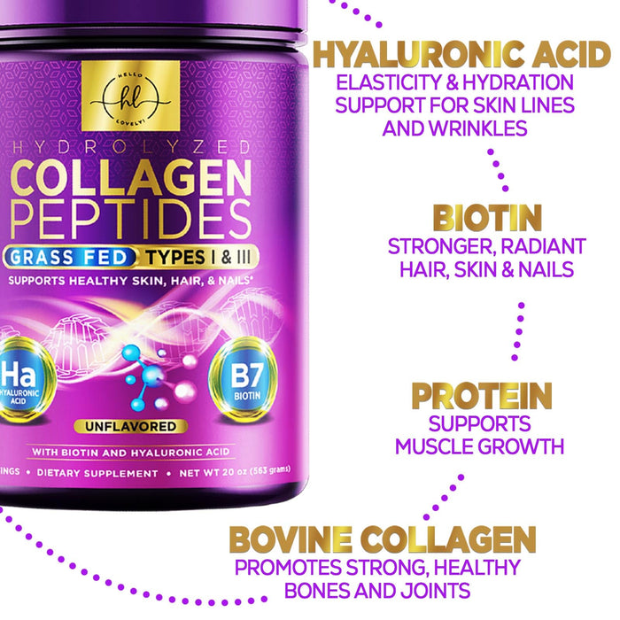 Collagen Peptides Powder Unflavored - Supports Hair, Nail, Skin, Bone & Joint Health - Grass Fed Hydrolyzed Powder Type I & III, Best Collagen Supplements with Hyaluronic Acid & Biotin - 28 Servings