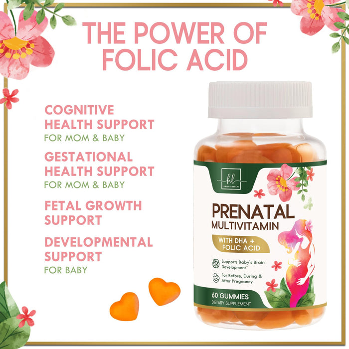 Prenatal Vitamins for Women with DHA & Folic Acid - Best Prenatal Multivitamin Gummies for Women, Brain Development Support, Folate, Vitamin C, D3 & B12, Pre Natal Pregnancy Supplement - 60 Gummies