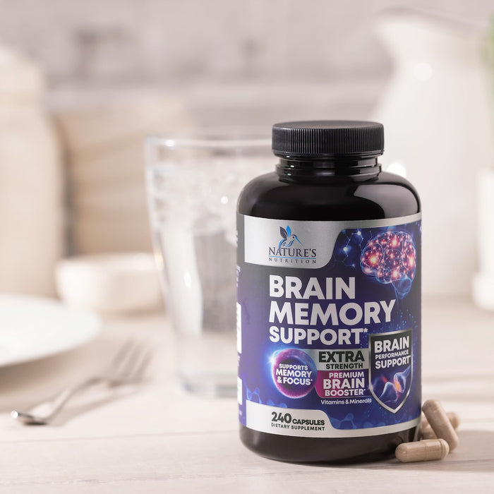 Brain Memory Supplement Pills - Nootropics Support for Concentration, Clarity, Alertness & Focus - Brain Health with Bacopa, Cognitive Vitamins, Phosphatidylserine, DMAE - Brain Booster - 240 Capsules